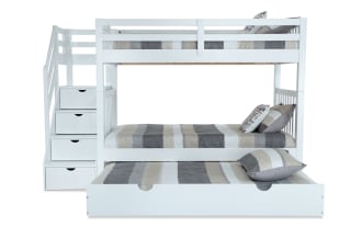 Keystone Twin/Twin White Stairway Bunk Bed with 2 Memory Foam Mattresses & Twin Trundle