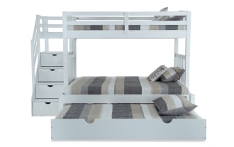 Keystone Twin/Full White Stairway Bunk Bed with 2 Memory Foam Mattresses & Twin Trundle
