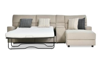 Modern Farmhouse Beige 145'' 3 Piece Right Arm Facing Power Reclining Sleeper Chaise Sectional with Full Gel Mattress & Power Headrest
