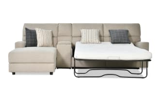 Modern Farmhouse Beige 145'' 3 Piece Left Arm Facing Power Reclining Sleeper Chaise Sectional with Full Gel Mattress & Power Headrest