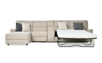 Modern Farmhouse Beige 173'' 4 Piece Left Arm Facing Power Reclining Sleeper Chaise Sectional with Full Gel Mattress & Power Headrest