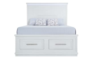 Contemporary Infinity King White Storage Platform Bed from Infinity Bedroom collection in MDF, featuring a high headboard and two large front drawers.