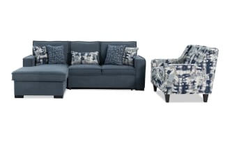 Playmax Denim 94'' 2-piece left arm facing pop-up sleeper chaise sectional in gray polyester fabric with USB/USB-C ports, memory foam seating, and patterned accent chair.