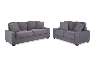 Aspen Charcoal 78'' sofa and 61'' loveseat set in gray polyester fabric, transitional style with plush cushions and accent pillows, durable plywood frame.