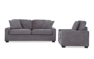 Aspen Charcoal 78'' Sofa & Chair set in gray polyester fabric with plush cushions, transitional style, memory foam comfort, and accent pillows.