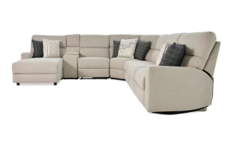 Modern Farmhouse Beige 165'' 6 Piece Left Arm Facing Power Reclining Sleeper Chaise Sectional with Full Cooling Mattress & Power Headrest