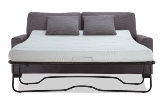 Aspen Charcoal 78'' Transitional Sleeper Sofa with plush polyester fabric upholstery, two matching accent pillows, and a queen gel memory foam mattress.