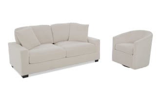 Beige corduroy fabric sofa and matching swivel armchair set, featuring plush cushions and modern, clean-lined design for living room comfort.