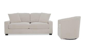 Beige corduroy fabric sofa and matching swivel armchair set, featuring plush cushions and modern, clean-lined design for living room comfort.