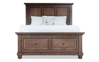 Portland King Brown Storage Platform Bed with traditional dark oak veneer panel design, two underbed storage drawers, no foundation needed.