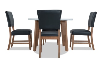 Elm 5 Piece Natural, Marble & Gray Faux Leather Upholstered Round Dining Set