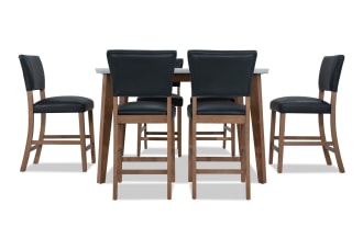 Elm 7 Piece Natural Marble & Gray Faux Leather Upholstered Counter Height Square Dining Set with plush memory foam seating, transitional style, and gray faux leather chairs.