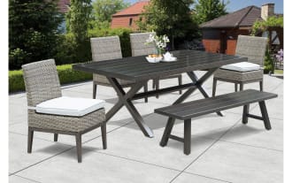 Marina 6 Piece Gray Wicker Upholstered Outdoor Dining Set with Bench