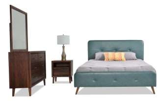 Bettie 4 Piece Queen Brown & Teal Faux Leather Upholstered Platform Bedroom Set