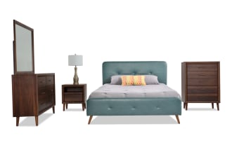 Bettie 5 Piece Queen Brown & Teal Faux Leather Upholstered Platform Bedroom Set