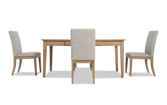 Homeworks 5 Piece Natural & Gray Upholstered Dining Set with lift-top storage table, gray polyester fabric chairs, rubberwood frame, transitional style.