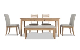 Homeworks 6 Piece Natural & Gray Upholstered Dining Set with storage bench, two ladder back and two gray fabric chairs, rubberwood frame, melamine finish, transitional style.