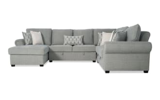 Playlist Max Spa Blue 126'' 4 Left Arm Facing Chaise Sectional in light blue polyester fabric with traditional style, accent pillows, memory foam cushions, and built-in USB/USB-C ports.