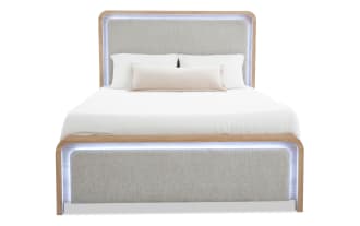 Cascade King Brown & Beige Upholstered Panel Bed with plush polyester fabric, engineered wood grain frame, and touch-activated LED lighting in transitional style.