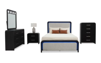 Cascade 5 Piece Full Black & Beige Upholstered Panel Bedroom Set with plush polyester fabric, MDF, engineered wood, USB ports, and LED lighting.