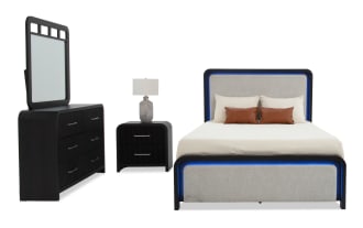 Cascade 4 Piece Full Black & Beige Upholstered Panel Bedroom Set