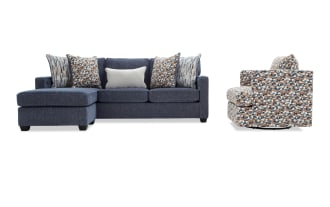 Quinn Navy 90'' Chofa & Beige Accent Swivel Chair with USB & USB-C Ports