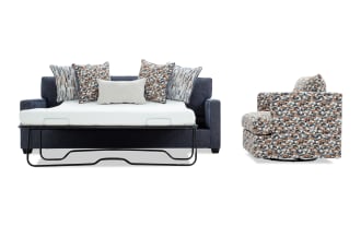 Quinn Navy 90'' Sleeper Chofa with Queen Gel Mattress with Beige Accent Swivel Chair & USB & USB-C Ports