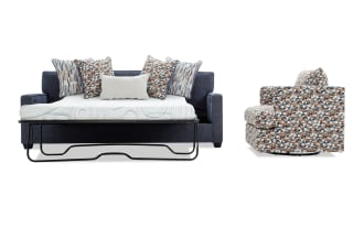 Quinn Navy 90'' Sleeper Chofa with Queen Cooling Mattress with Beige Accent Swivel Chair & USB & USB-C Ports