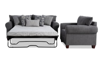 Portland Gray 85'' transitional sleeper sofa with queen cooling gel memory foam mattress and matching gray polyester fabric chair, includes accent pillows.
