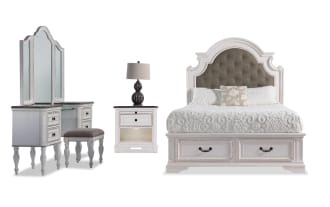 Scarlett 4 Piece Queen White & Oak Storage Platform Bedroom Set with Vanity