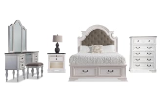 Scarlett 5 Piece Queen White & Oak Storage Platform Bedroom Set with Vanity