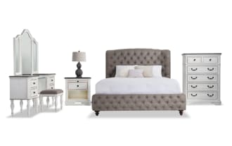 Scarlett 5 Piece Queen White & Oak Upholstered Bedroom Set with Vanity
