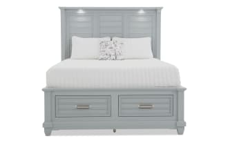 Sunset Cove Queen Gray 6 Drawer Storage Bed in coastal style with MDF frame, slatted headboard, footboard drawers, and touch LED lighting.