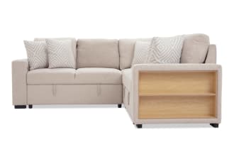 Beige fabric sectional sofa with corner design, featuring built-in wooden side shelves and patterned throw pillows, ideal for modern living rooms.