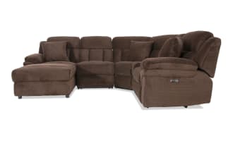 Brown fabric sectional recliner sofa with plush cushions, padded armrests, and adjustable reclining feature, ideal for living room comfort.