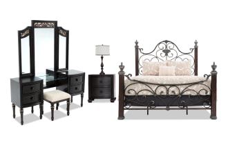 Regency 4 Piece Queen Cherry & Brown Metal Panel Bedroom Set with Vanity