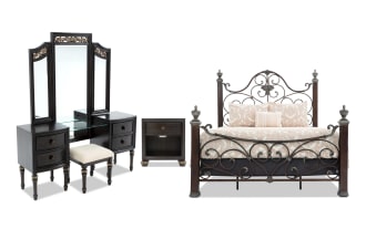 Regency 4 Piece Queen Cherry & Brown Metal Panel Bedroom Set with Vanity