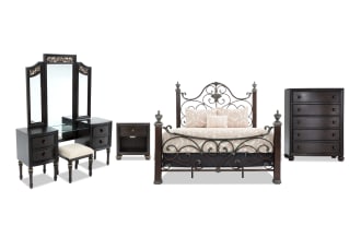 Regency 5 Piece Queen Cherry & Brown Metal Panel Bedroom Set with Vanity