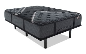 Queen-sized Power Bob Essential Base in black metal frame paired with Lush 13'' Queen Plush Mattress featuring a dark gray quilted cover with cooling, pressure-relief layers for side sleepers.