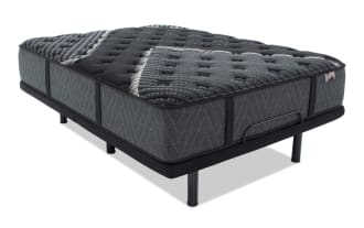 King-size Lush 13'' Plush Mattress in dark gray with quilted top, paired with black Power Bob Elite adjustable base featuring metal legs and underbed LED lighting.