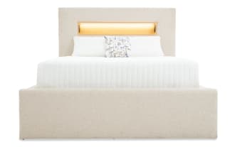 Contemporary Playday Full Beige Upholstered Storage Platform Bed with polyester fabric, padded headboard, built-in bookshelf, LED lighting, and footboard storage drawer.