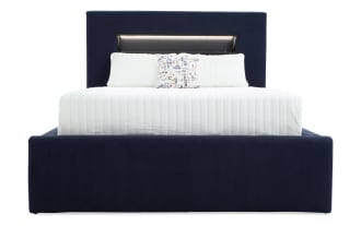 Playday Queen Navy Upholstered Storage Platform Bed with padded headboard, built-in bookshelf, touch LED lights, Bluetooth speakers, and foot storage drawer.