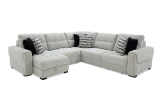 Slider Bob Gray 118'' power sliding 5-piece left arm facing chaise sectional in gray polyester fabric. Transitional style with plush cushions, accent pillows, and USB/USB-C ports for charging.