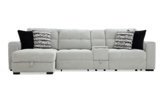 Slider Bob Gray 129'' power sliding 4-piece left arm facing chaise sectional in gray polyester fabric. Transitional style with plush Bob-O-Pedic® memory foam cushions, USB and USB-C ports, built-in storage, cup holders, and cozy accent pillows for ultimate comfort and convenience.