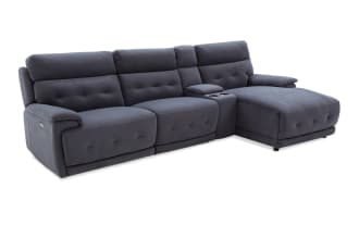 Rumor Blue 127'' power reclining 4-piece sectional with right arm chaise, armless recliner, power headrest, blue polyester fabric, contemporary style.