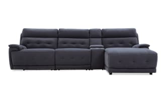 Rumor Blue 127'' power reclining 4-piece sectional with right arm chaise, armless recliner, power headrest, blue polyester fabric, contemporary style.