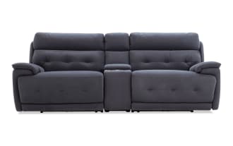 Contemporary Rumor Blue 95'' power reclining console loveseat in blue polyester fabric with power headrests, storage, cup holders, and USB ports.