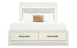 Laguna Queen White & Gray Upholstered Storage Platform Bed with gray fabric headboard, white pine solids frame, underbed storage drawers, and transitional style.