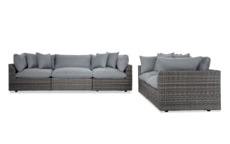 Dream Gray Wicker Outdoor Sofa & Loveseat Set in gray transitional style, featuring modular all-weather wicker and aluminum frame with reversible, fade-resistant polyester cushions.