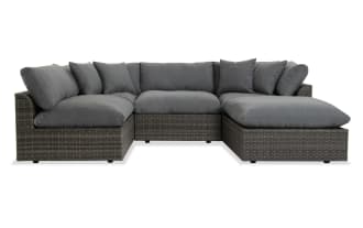 Dream 5 Piece Gray Wicker Outdoor Sectional with modular design, oversized reversible cushions, gray all-weather wicker, and powder-coated aluminum frame.